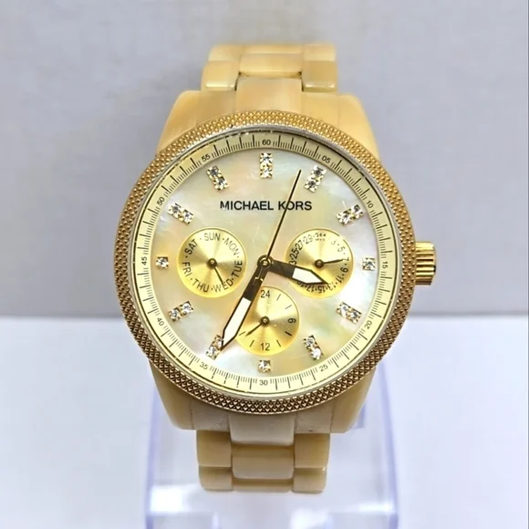 Womens Michael Kors Horn Day Date Watch Gold Tone Resin Jet Set 37mm New Battery - Picture 1 of 9